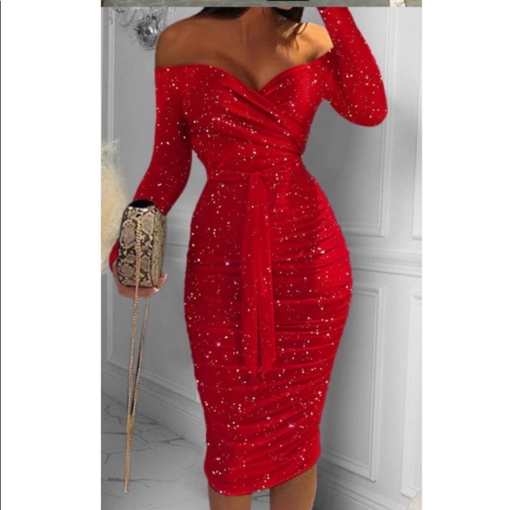 Brand new red sparkling dress with belt.